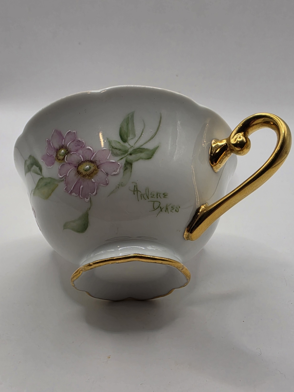 Hand-Painted Pink Floral Porcelain Teacup with Gold Handle